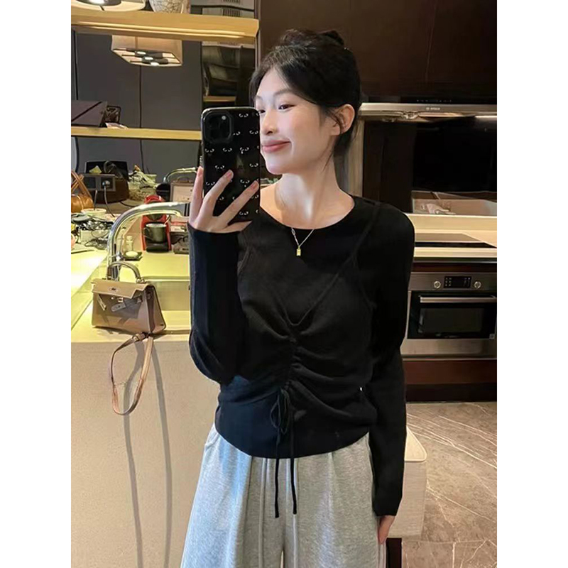 【米白色】3444超柔软高品质圆领假两件抽绳上衣