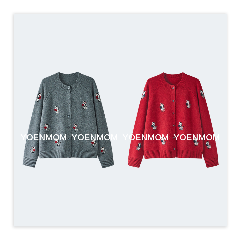 YOENMOM·红唇小马·100山羊绒软糯亲肤趣味刺绣简约圆领针织开衫
