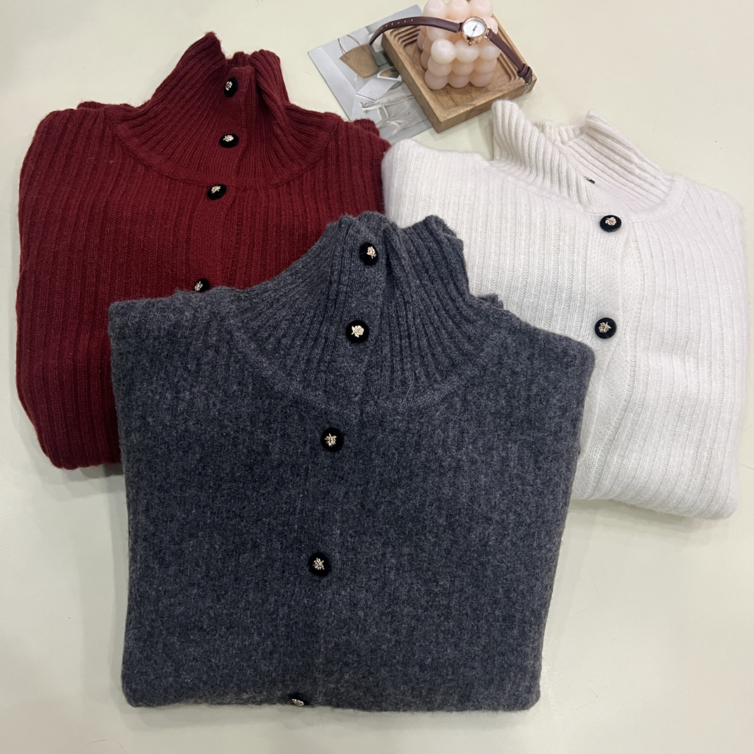 绒品 韩系纯色小立领坑条加厚开衫针织衫