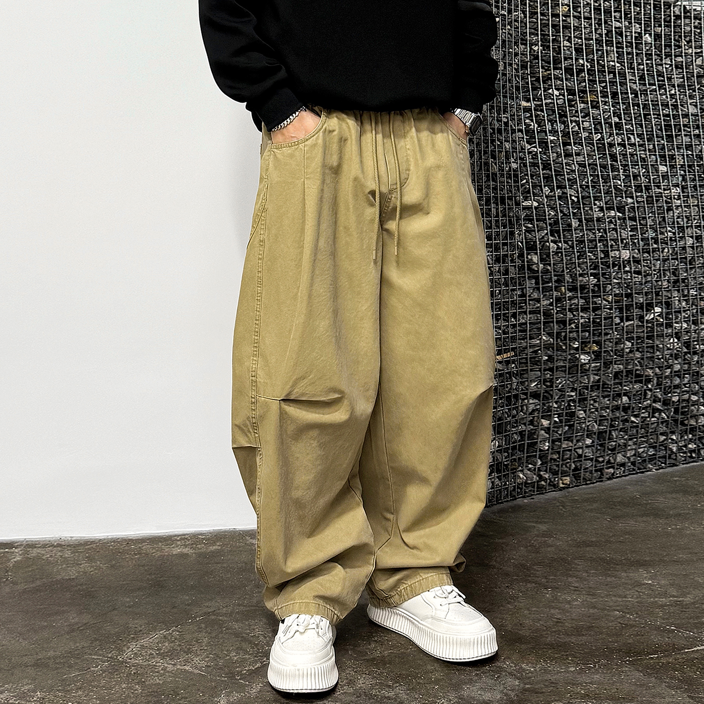Aft studio褶皱感 立体裁剪大码哈伦裤男春秋宽松百搭纯色休闲裤