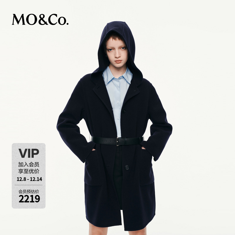 MOCO毛呢大衣2025秋新品绵羊毛骆驼绒双面呢外套附腰带MBE3OVC002
