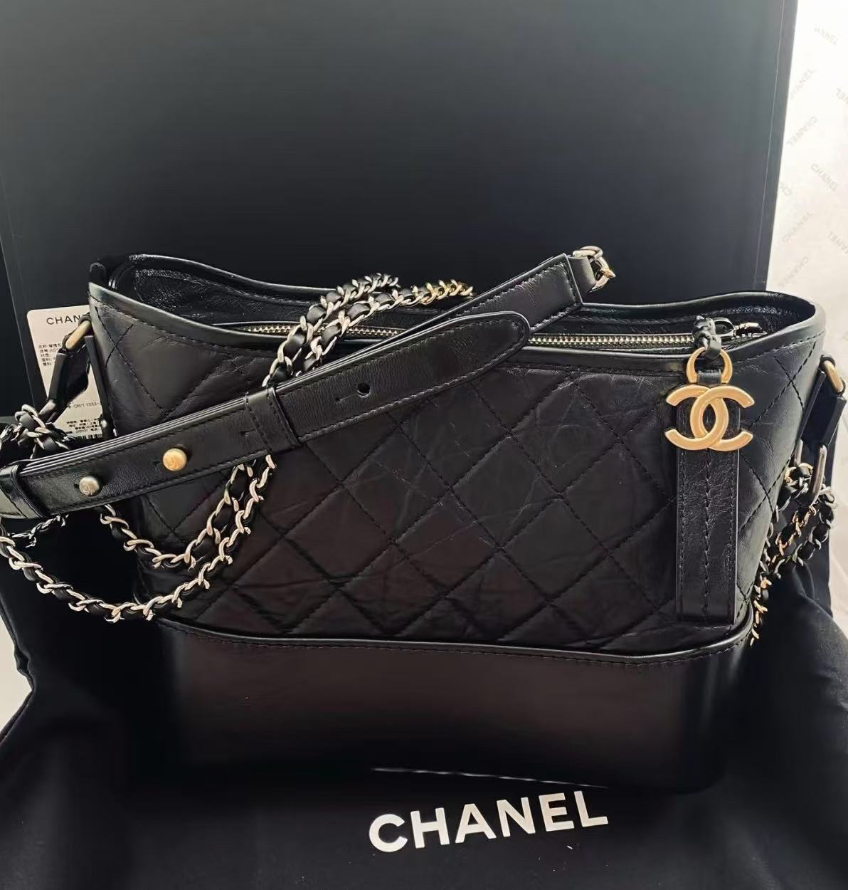 95新 Chanel/香奈儿 泡泡专属/香奈儿新中号黑金流浪斜挎包/95新