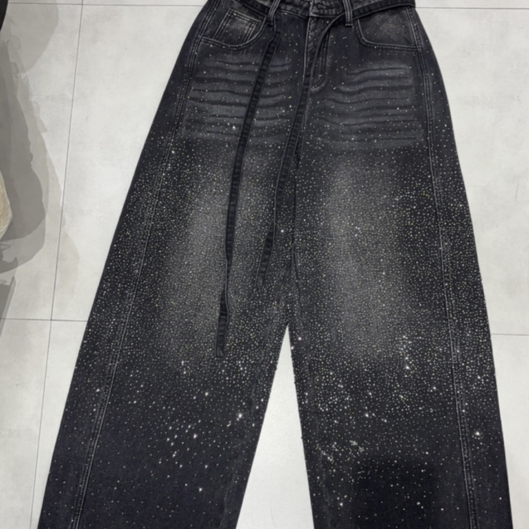 冬季新款高腰加绒满天星烫钻牛仔裤女宽松显瘦阔腿拖地裤子