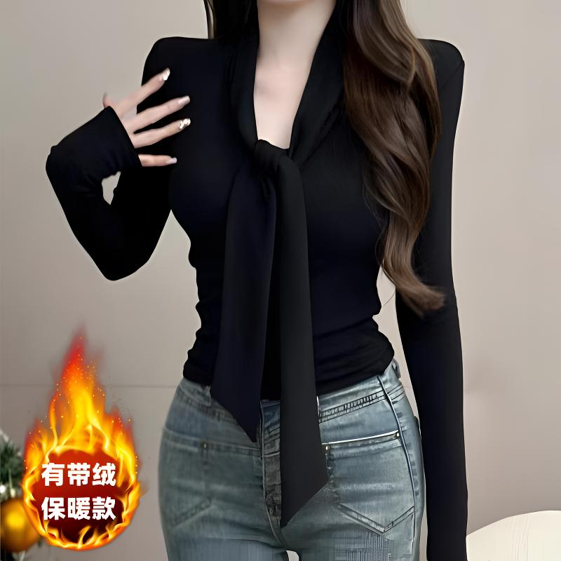 长袖绑带辣妹风常规V领t恤洋气显瘦外穿气质百搭保暖韩版打底衫