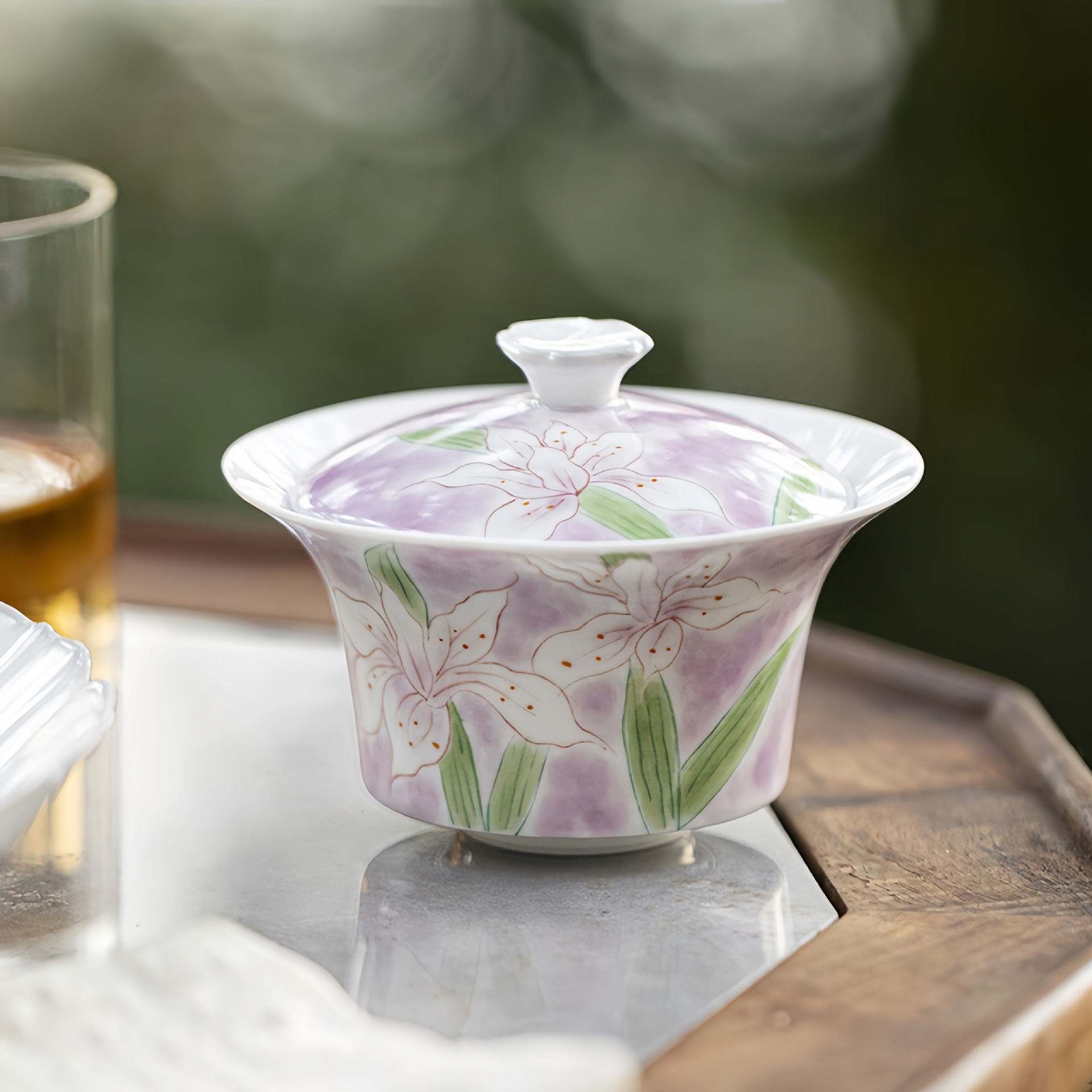 白瓷手绘满彩百合花陶瓷盖碗功夫茶具家用墨染泡茶碗盖碗