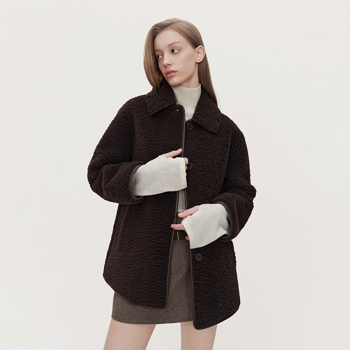 【许半夏推荐】ochirly欧时力绒毛拼接PU皮外套中长保暖设计感