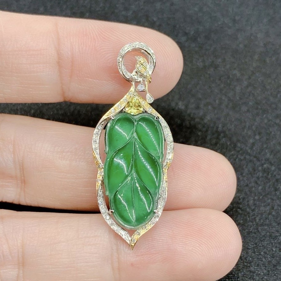 7姐专属福利/翡翠 冰种满色蓝绿色叶子吊坠 19.8*10.2*3mm
