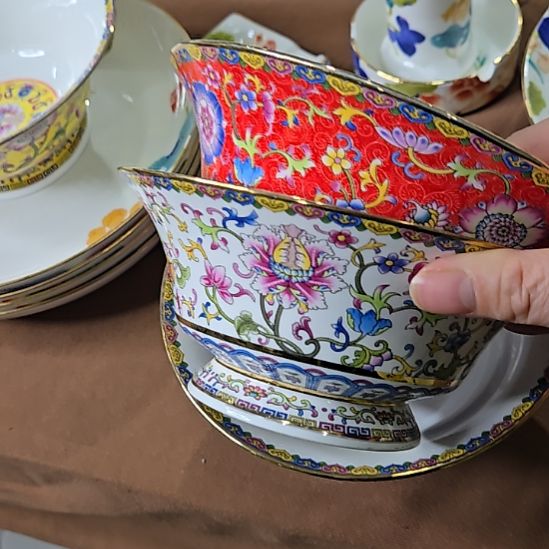 瓷片瑕疵小断金珐琅彩6.2寸2个马蹄面碗66666