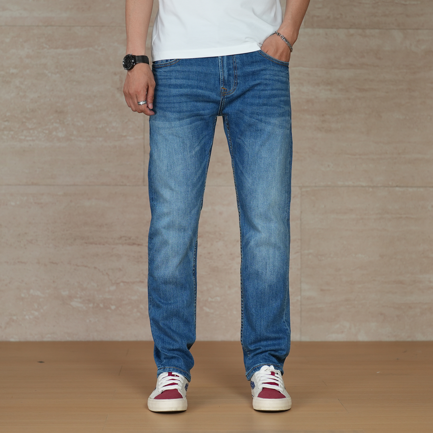 DIPAI/底牌高端复古怀旧蓝牛仔裤男修身小直筒潮流百搭简约微弹力