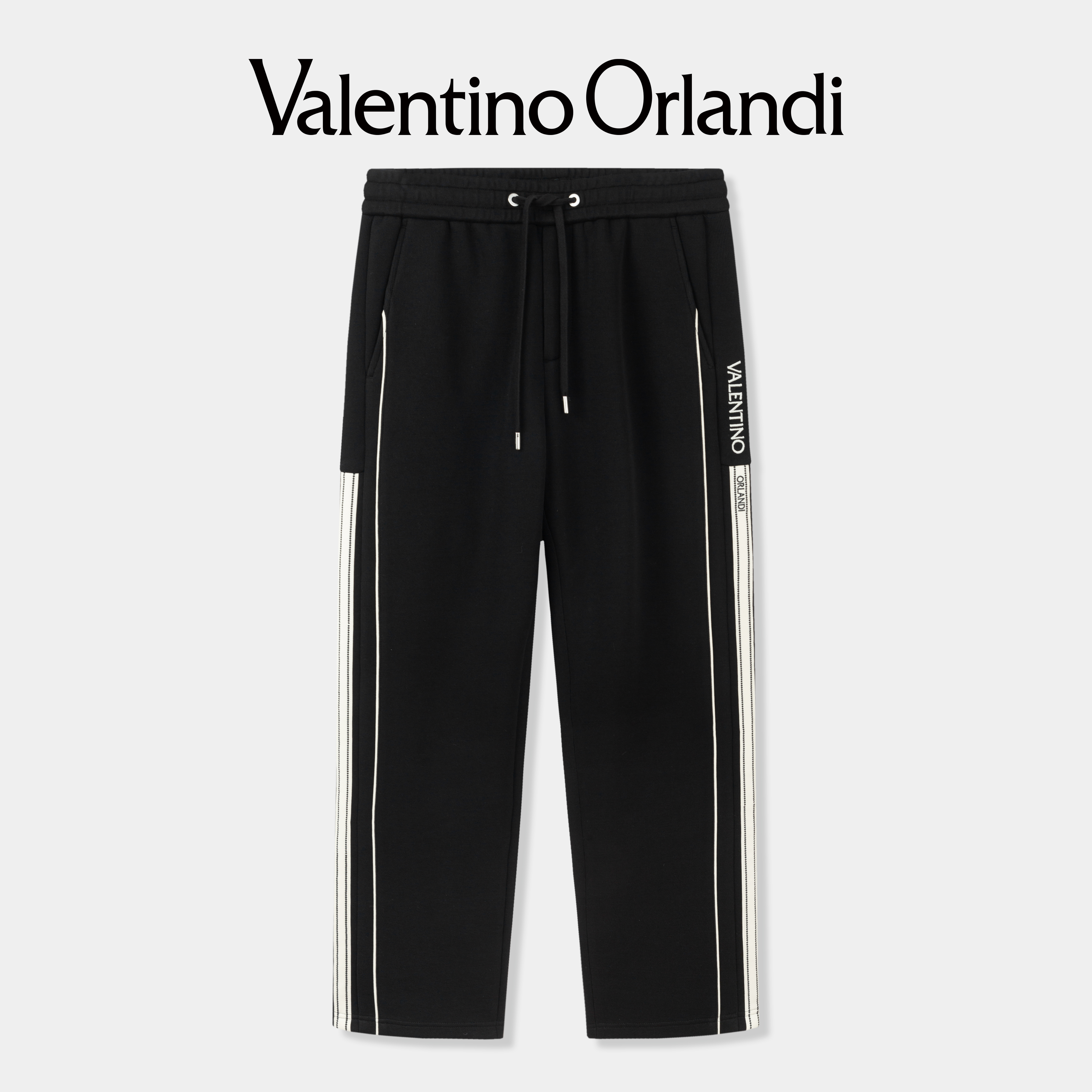 Valentino orlandi男士春秋B版时尚百搭条纹字母刺绣小标针织长裤
