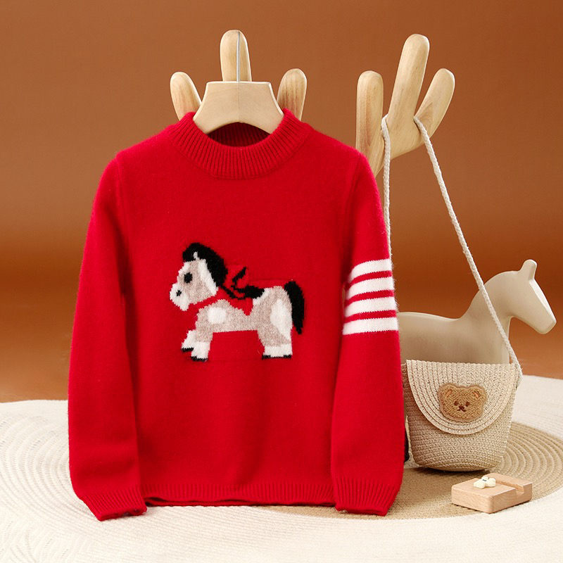 儿童纯羊毛衫新年款小马图案加厚男女童中大童装毛衣上衣针织衫