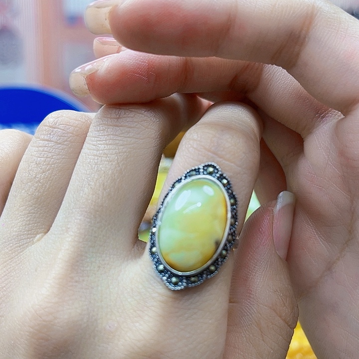 蜜蜡银S925镶嵌裸石戒指