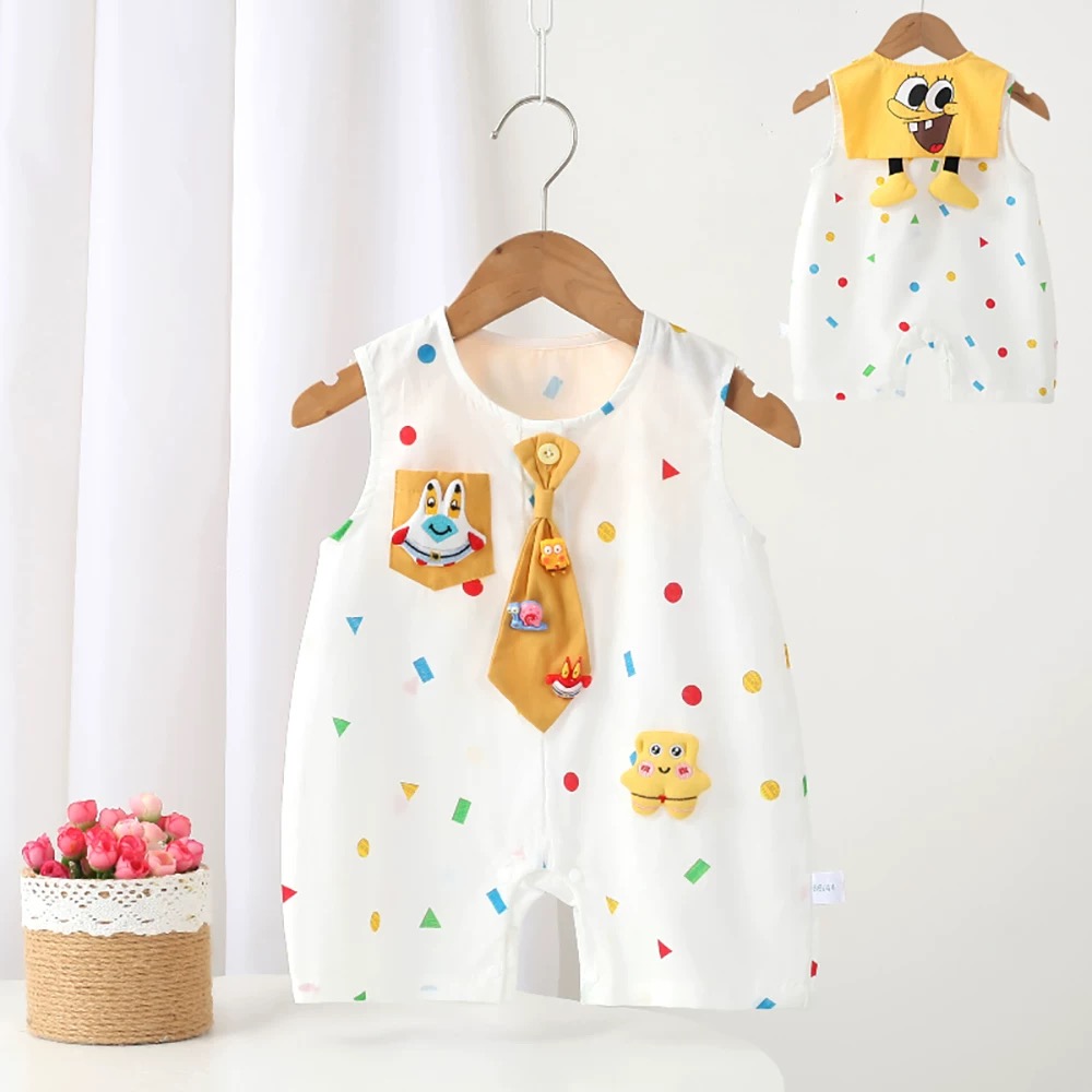 夏季婴儿海绵宝宝披肩领哈衣白色几何印花连体衣