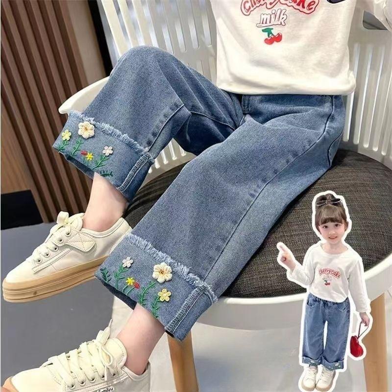 女童牛仔长裤2024春秋新款中小童韩版时髦宽松洋气直筒阔腿裤