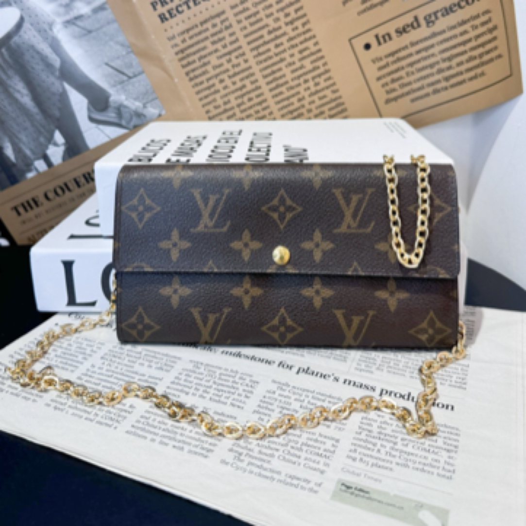 95新 LouisVuitton/路易威登 LV老花按扣翻盖长款钱包钱夹 送链条