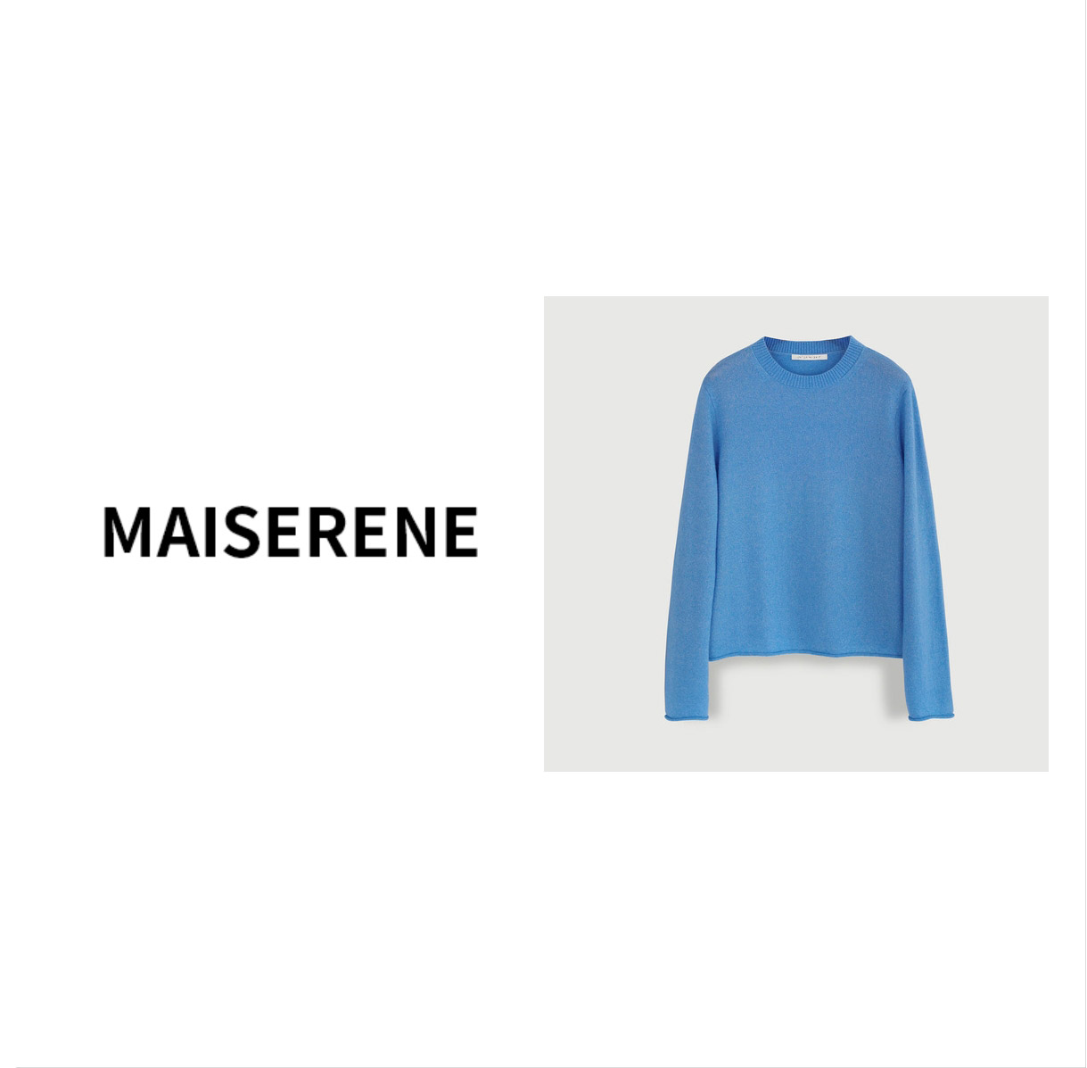 Maiserene 书香世家25定制款矢车菊蓝100%山羊绒卷边设计针织衫