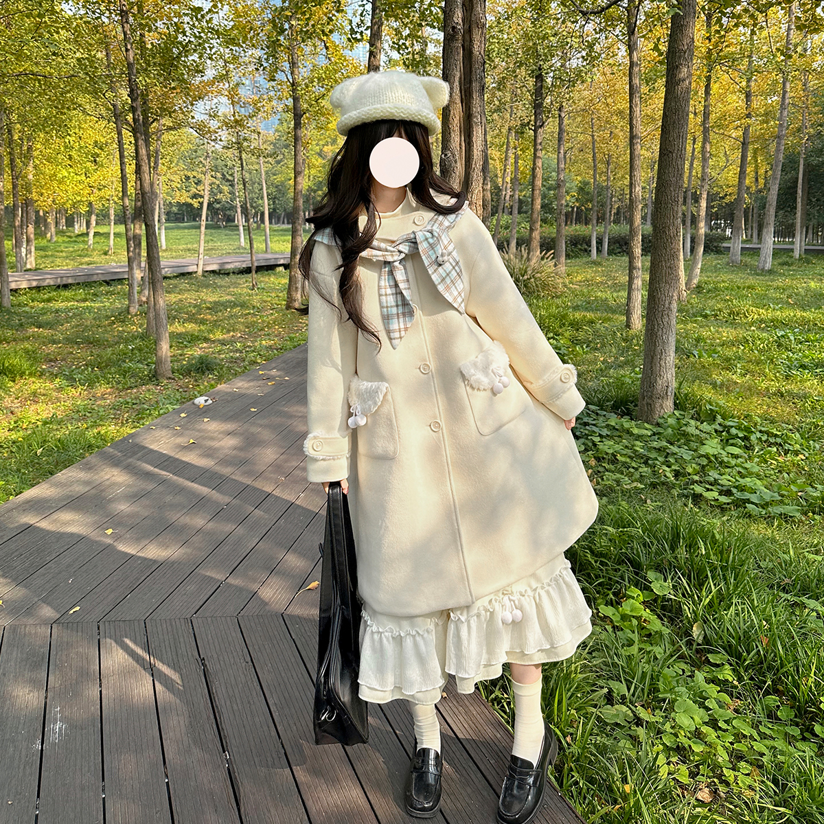 布丁熊原创JK制服通勤风连帽毛呢外套冬季长款半身裙加厚显瘦大衣