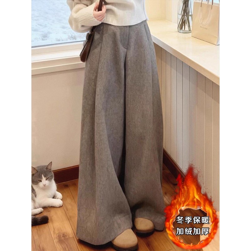 2025新款秋冬季复古加绒加厚宽松显瘦百搭垂感毛呢阔腿休闲长裤女