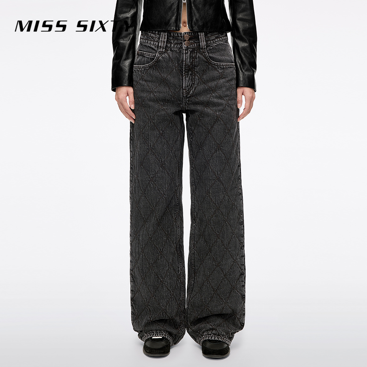 Miss Sixty2025秋季新款牛仔裤女重工菱形格绗线夹棉设计直筒裤
