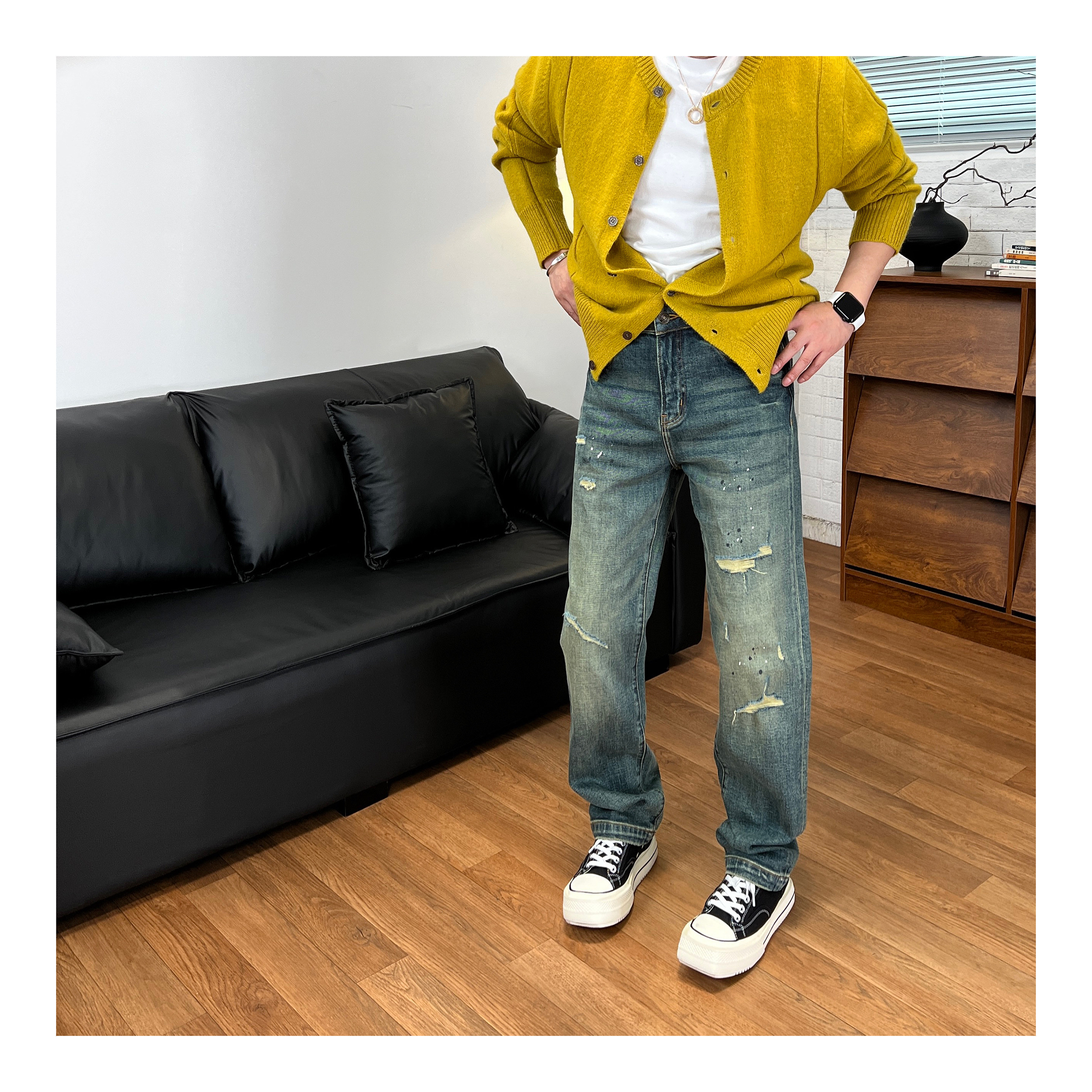 【张茂studio】早秋新款水洗蓝色假破洞泼墨彩漆弹力小直筒牛仔裤子