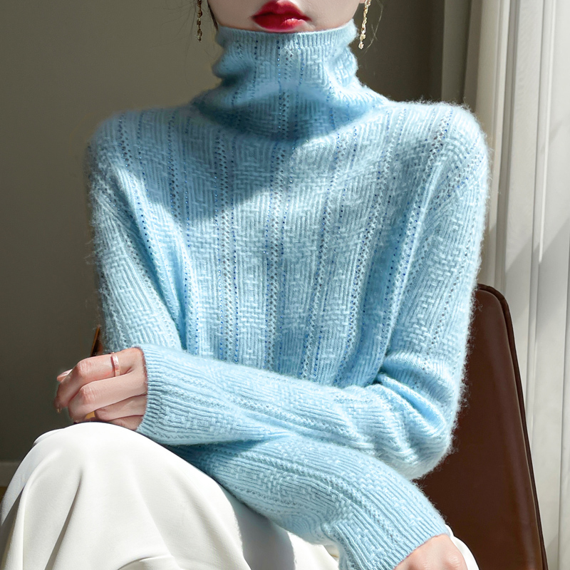 秋冬新款100纯羊毛衫女堆堆领宽松内搭毛衣高领上衣针织打底衫