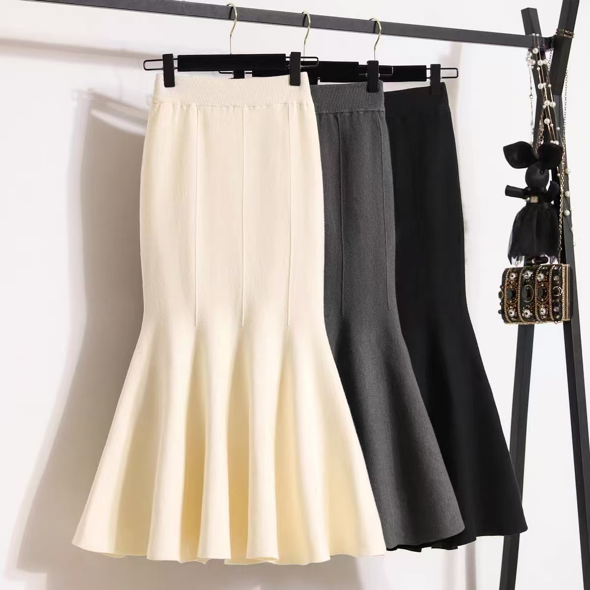 8003#针织鱼尾裙半身裙女秋冬新款高腰小个子中长款包臀裙潮