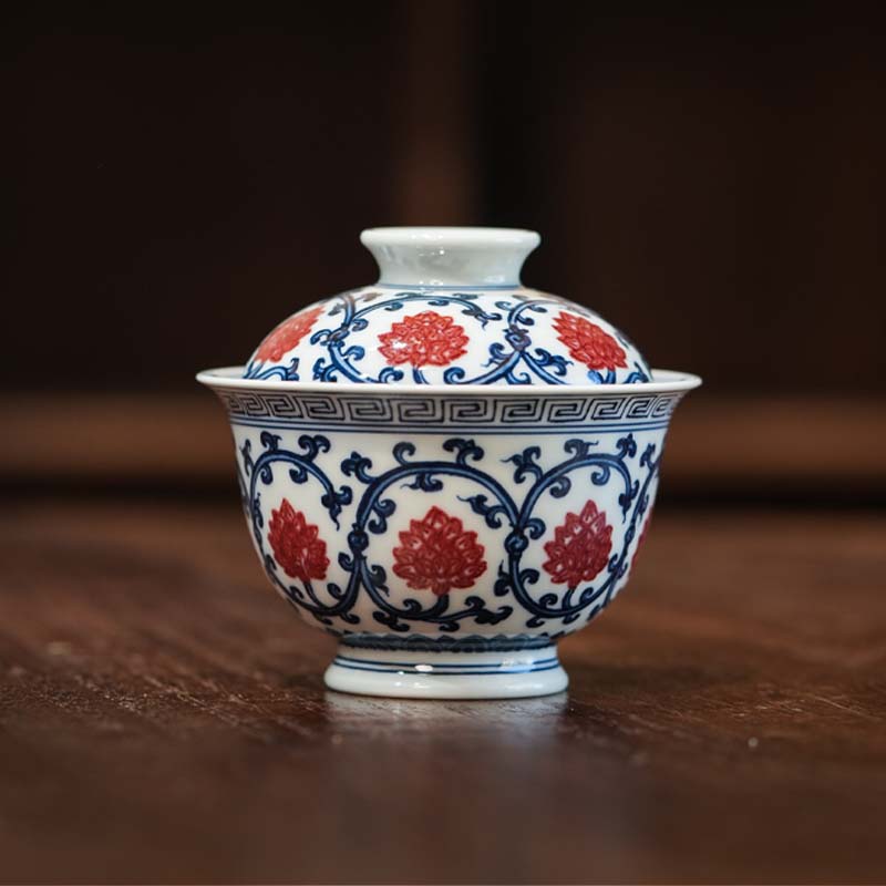 釉里红双钩线盖碗茶具手工家用陶瓷中式茶道