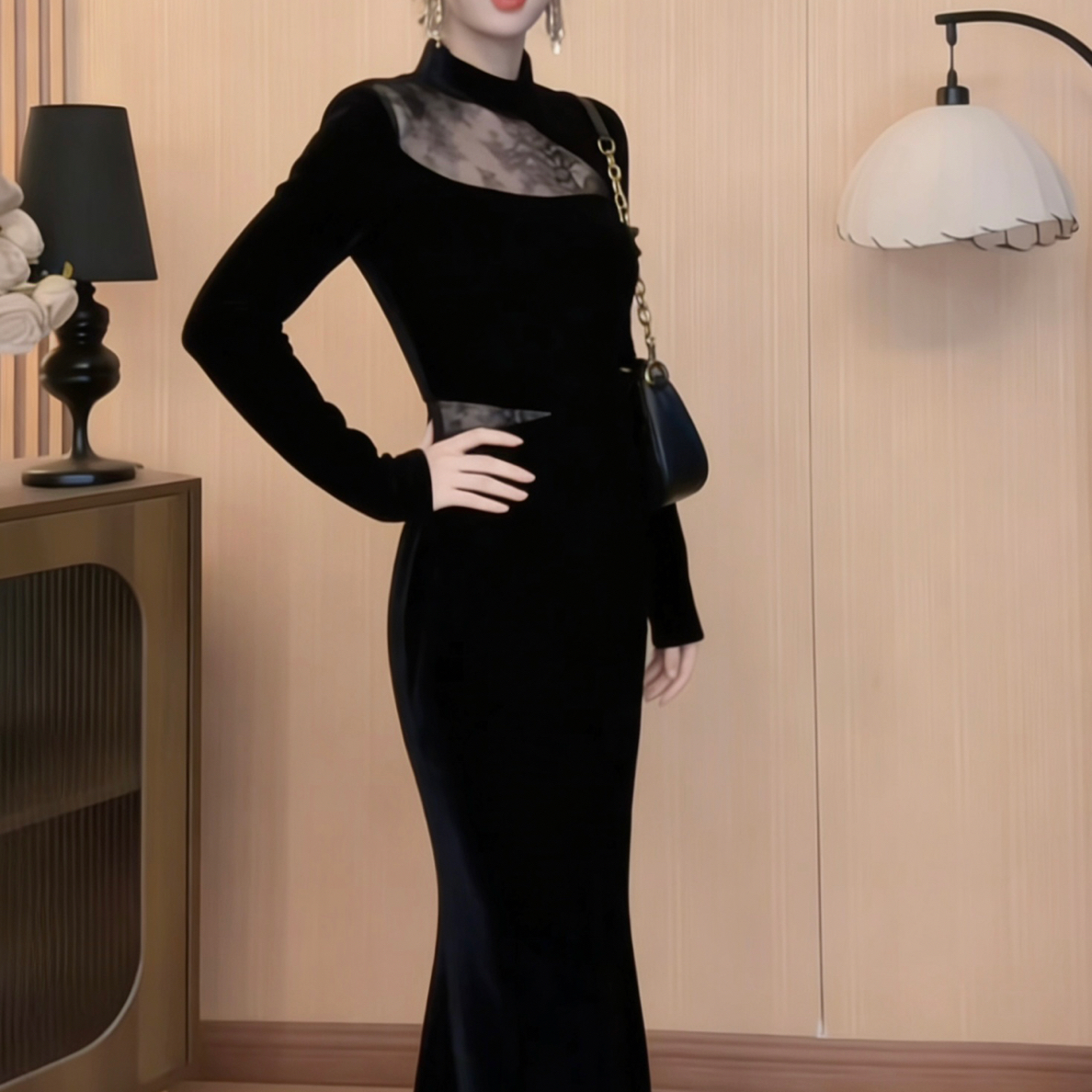 高级感名媛风女包臀裙蕾丝拼接收腰丝绒鱼尾连衣裙