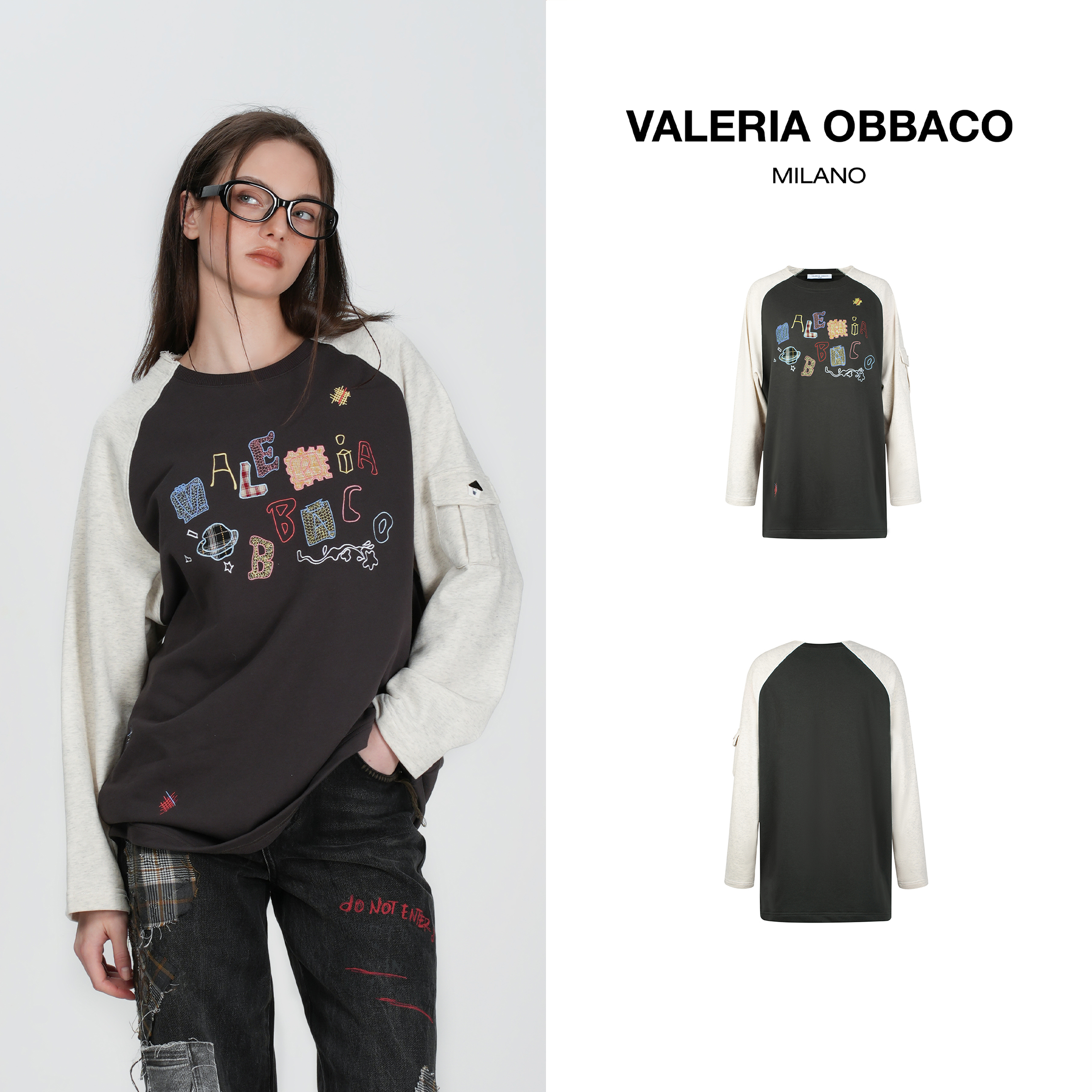 VALERIAOBBACO秋季新款休闲上衣VO黑白色趣味刺绣logoT恤
