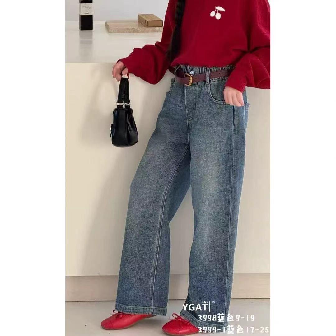 阳光爱橦裤子2025秋新款女童樱桃刺绣洋气牛仔裤中大童直筒裤裤子