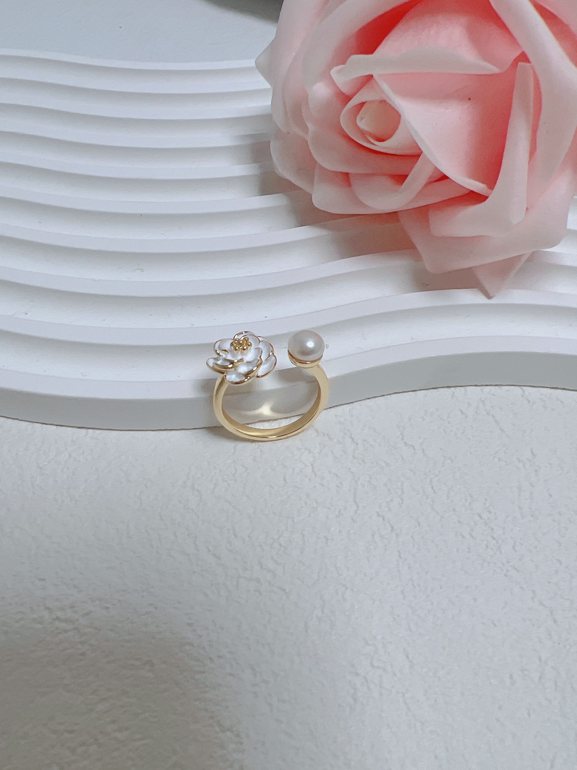 天然淡水珍珠A15山茶花珍珠戒指时尚款可调节
