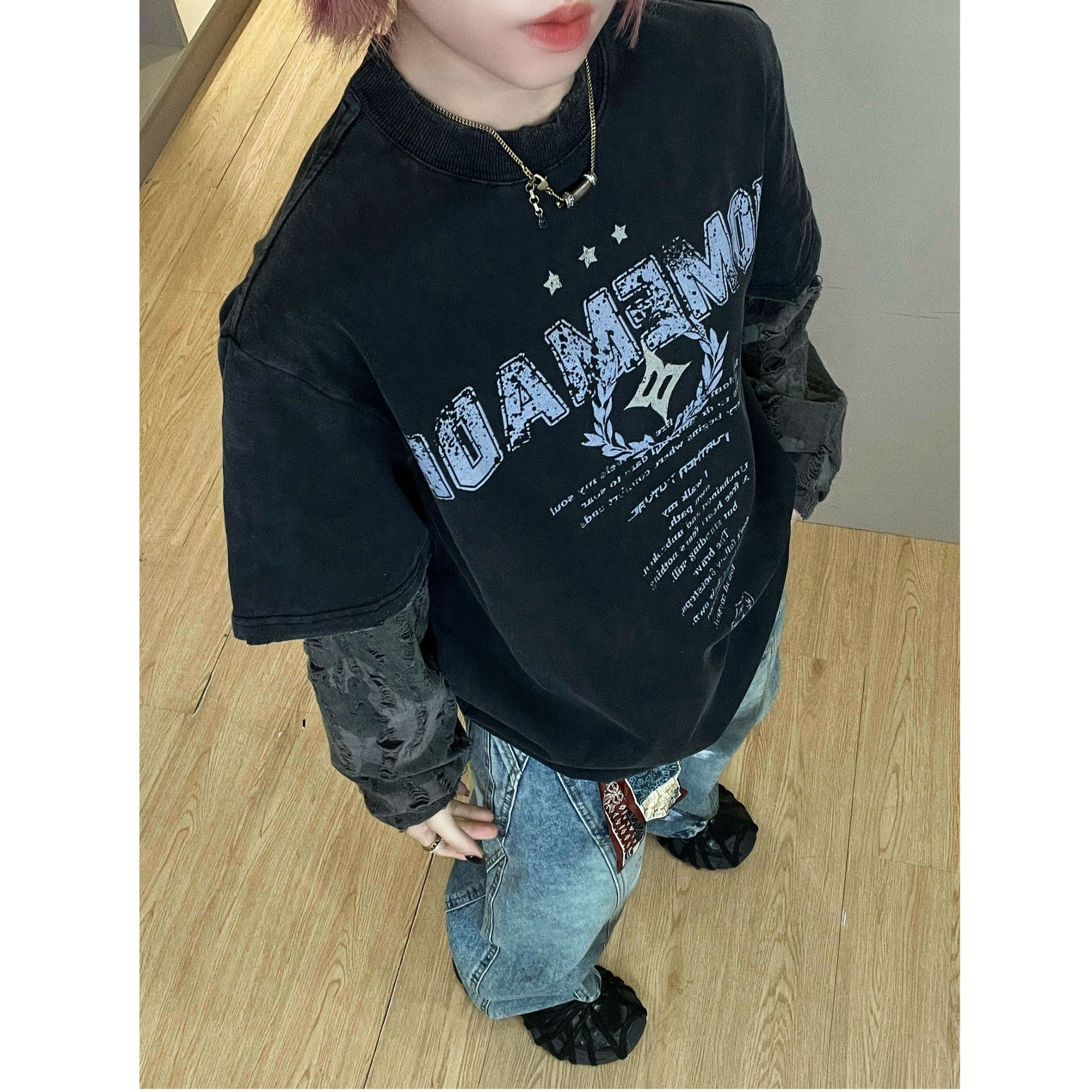 【喷漆圣语迷彩】美式休闲小众设计潮牌宽松字母长袖假两件拼接