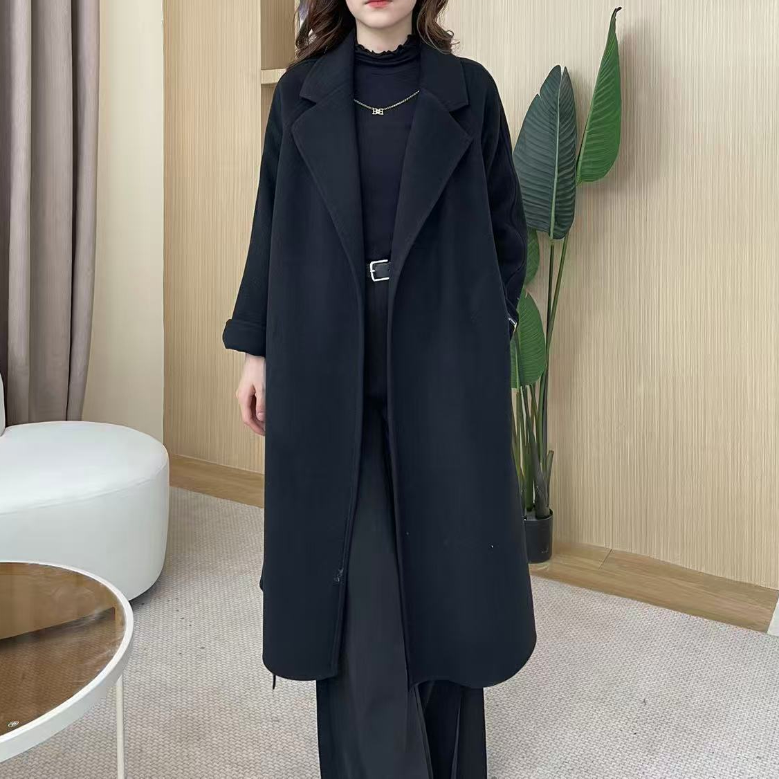 【晨晨】围巾+大衣2025秋冬新款双面绒大衣女中长款韩版毛呢外套