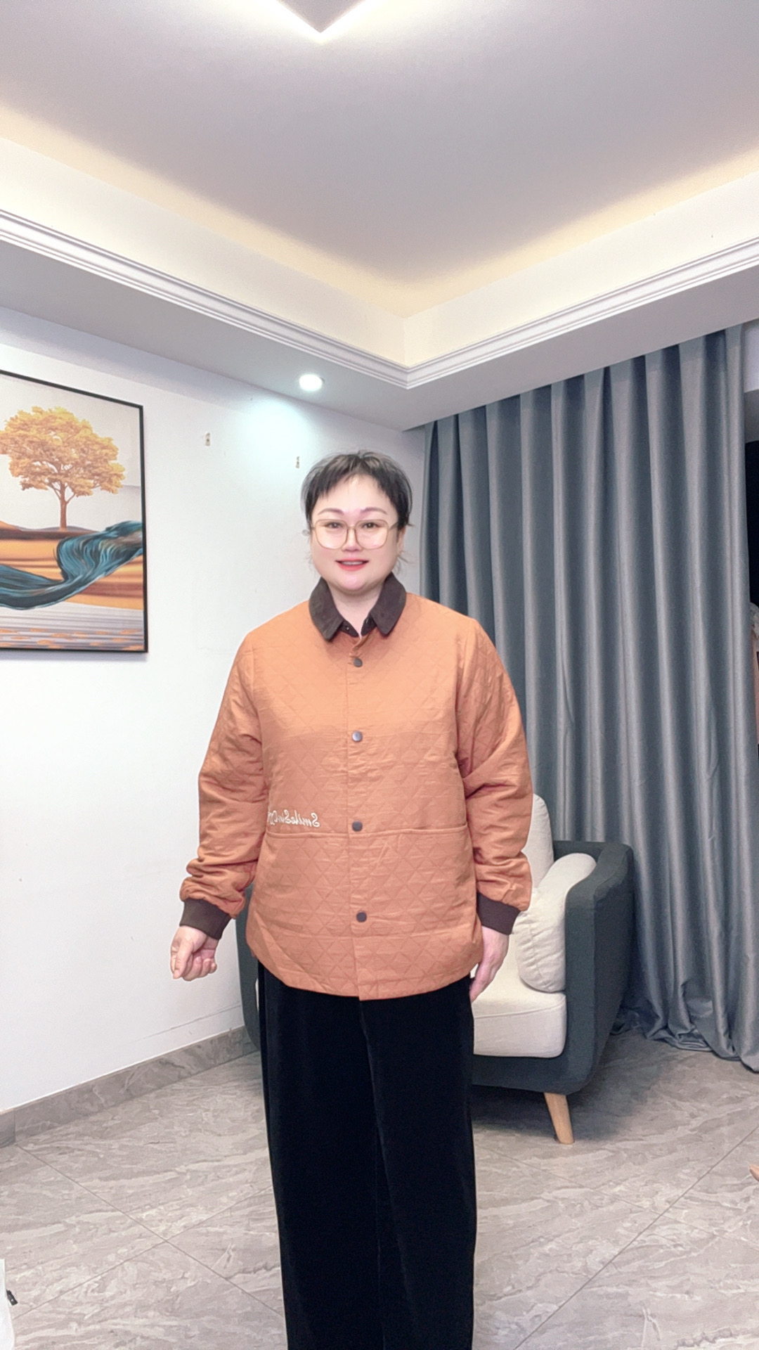 翻领拼接撞色时尚薄款长袖休闲刺绣口袋妈妈装纯色休闲外套