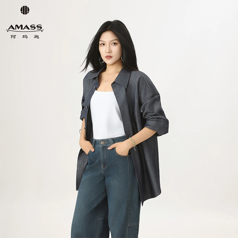 AMASS/阿玛施新款秋季慵懒感气质宽松显瘦长袖翻领长袖衬衫530099