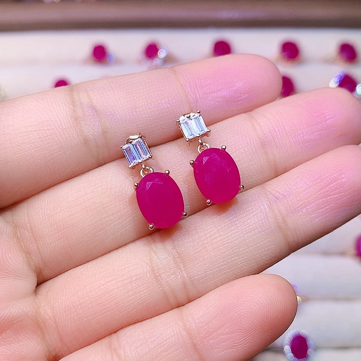 红宝石耳饰银S925镶嵌