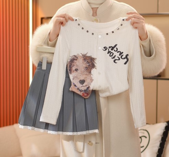 2025春季新款小狗儿童小清新套装休闲毛衣外出女孩时尚灰色裙子