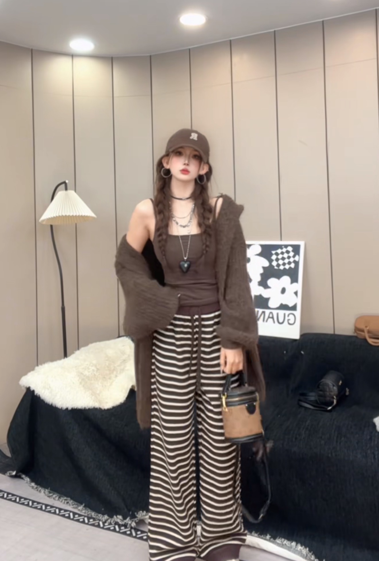 慵懒风条纹针织裤阔腿裤女秋冬季显瘦休闲裤垂感拖地裤直筒长裤子
