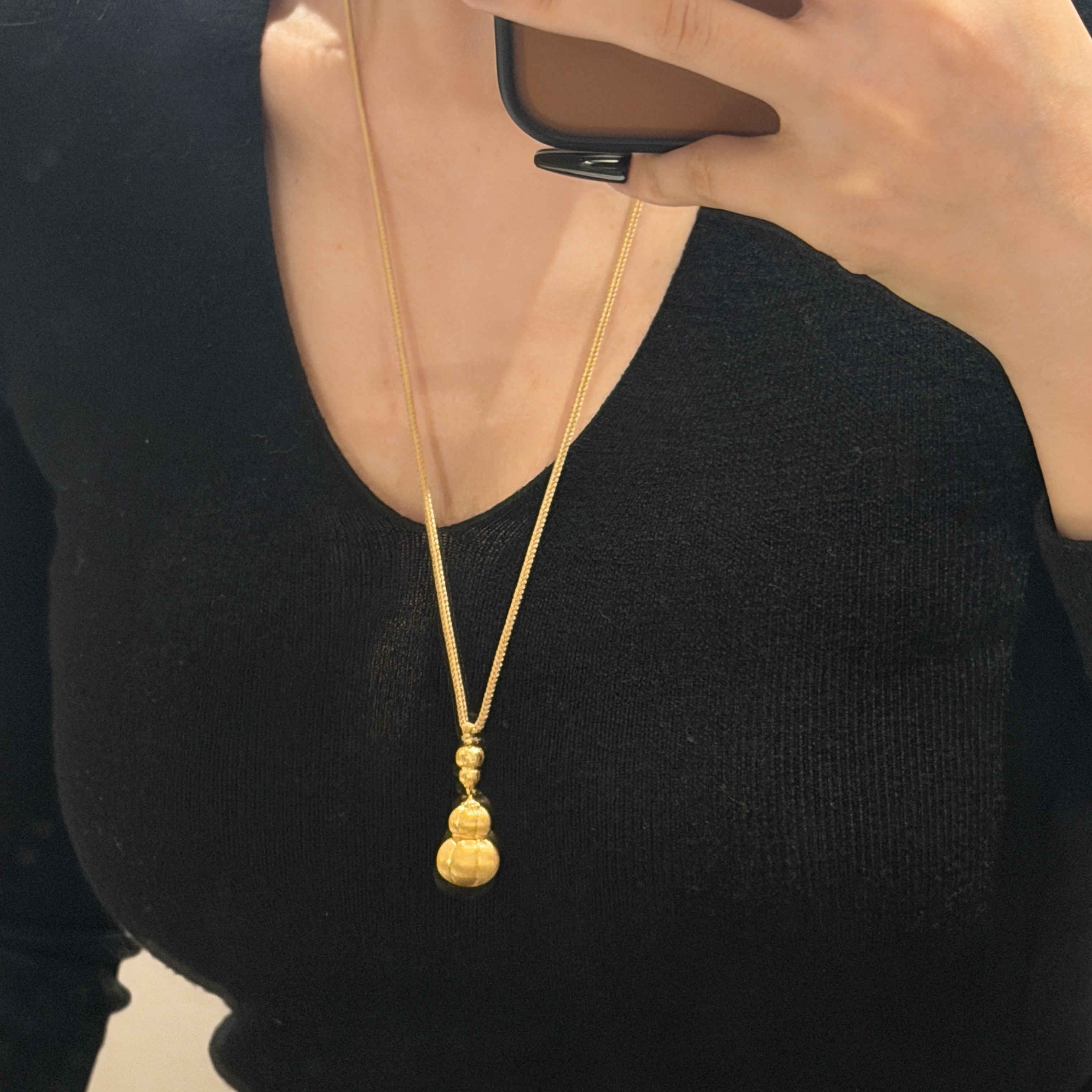 铜合金合成锆石项链 高定重工款古法拉丝双葫芦项链