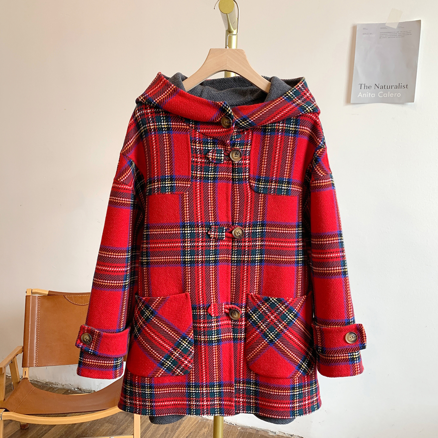 苏格兰Y3061格纹连帽毛呢外套