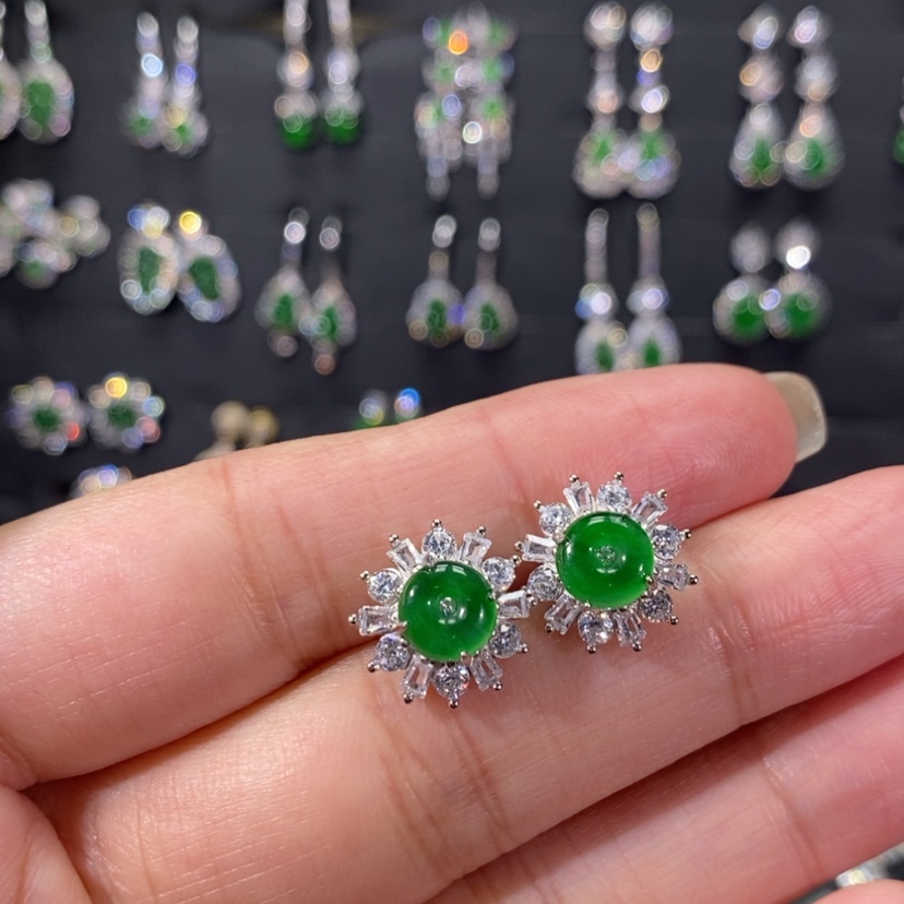 【闪购商品】翡翠耳饰银S925镀金镶嵌