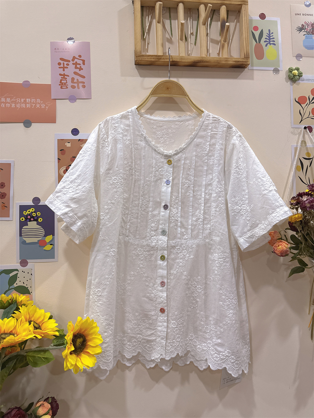 《米粒》5902森系小清新圆领重工刺绣宽松百搭衬衫