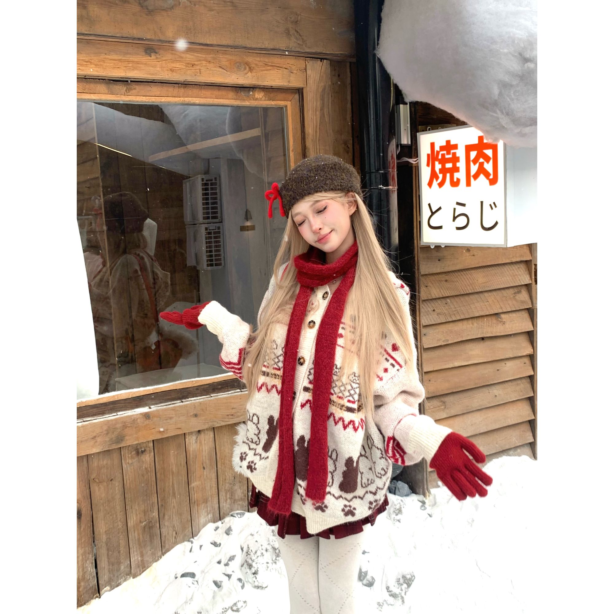 MinieMia【圣诞雪裘】冬季辣妹纯欲氛围兔子毛衣外套红格百褶套装