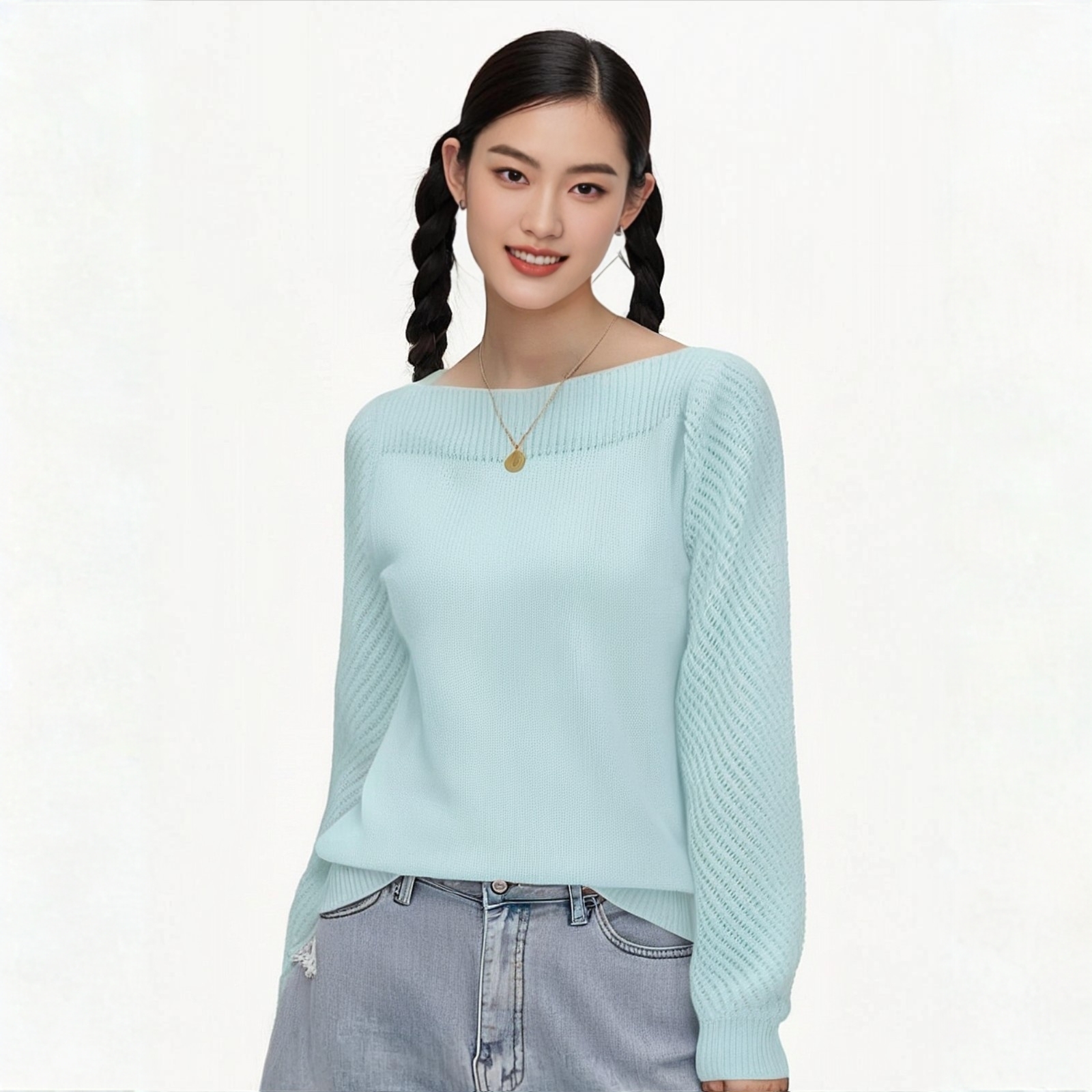 毛衣女春秋冬新款纯色镂空长袖一字肩套头针织衫上衣宽松慵懒风