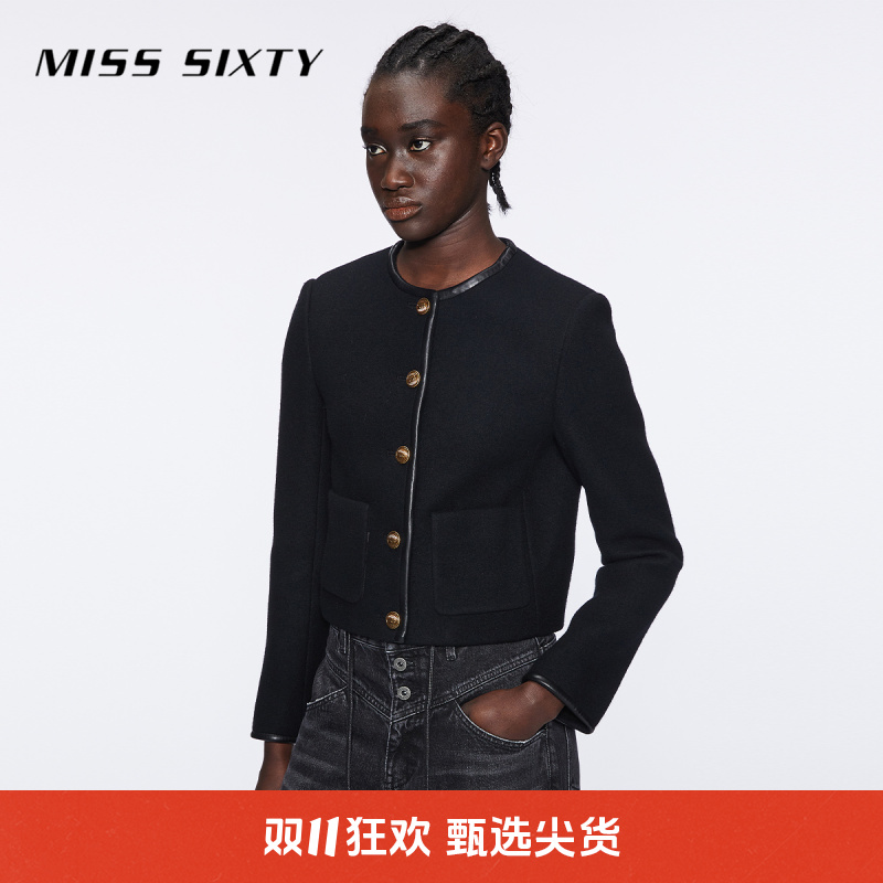 Miss Sixty冬季新款毛呢外套女圆领拼接静奢小香风短款