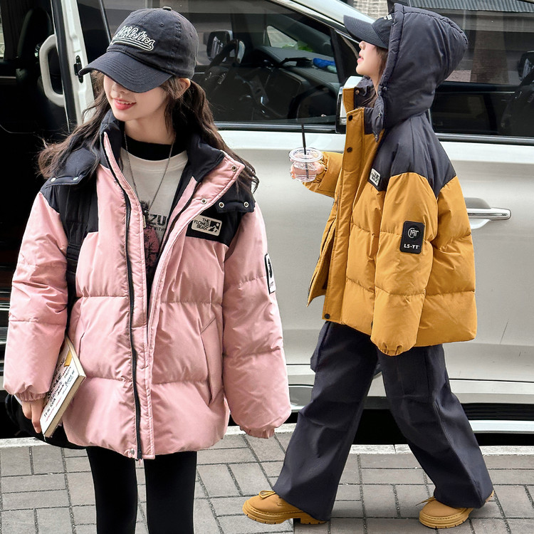 女童拼色90白鸭绒羽绒服2025冬装新款大童韩版休闲加厚保暖面包服