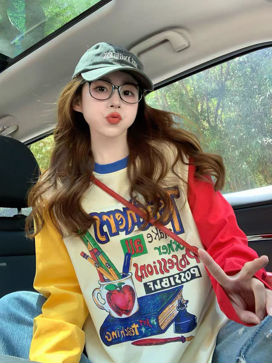 美式复古印花长袖t恤女2025新款秋季潮牌设计感纯棉宽松撞色上衣