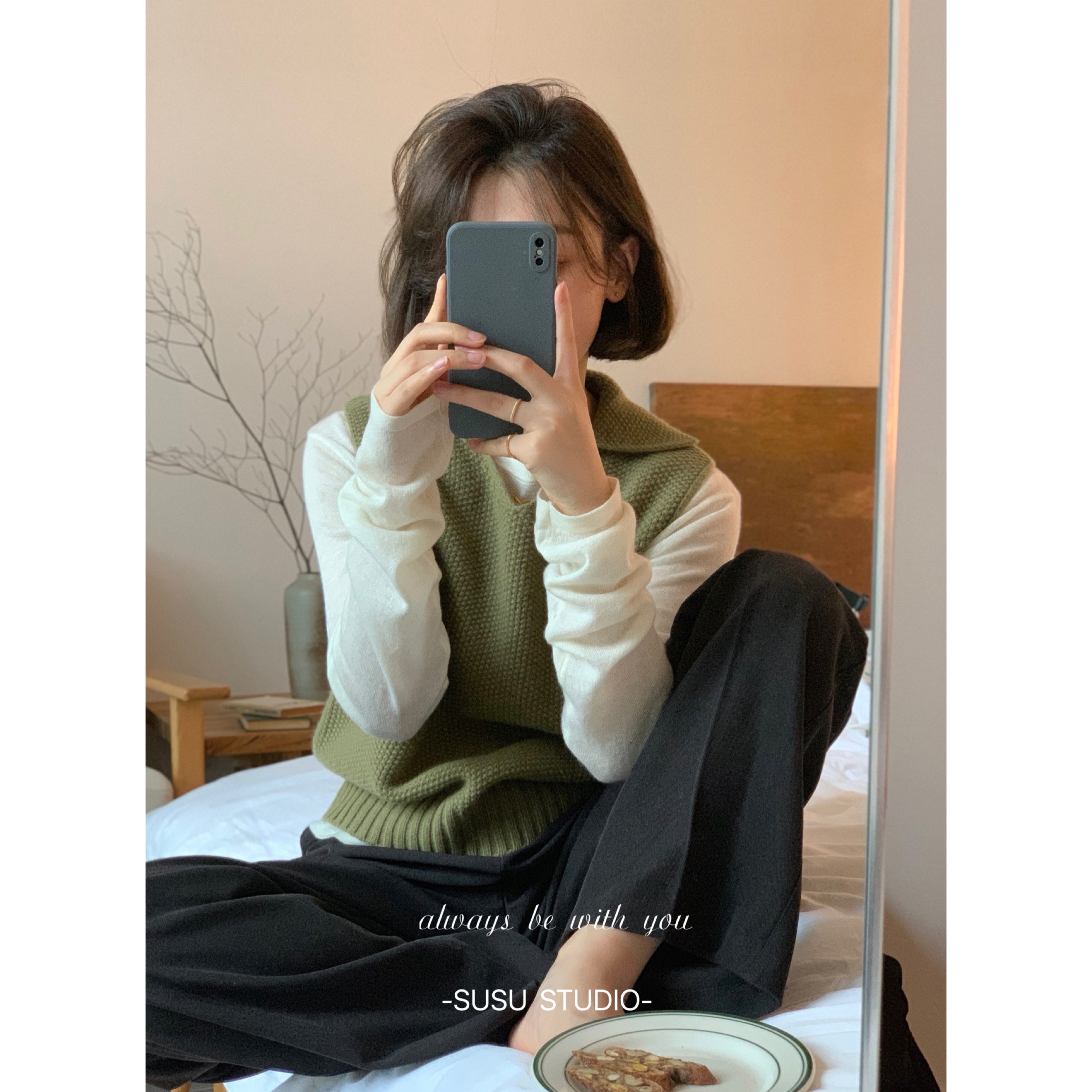 susu遮斜方肌 显瘦小翻领v领菠萝针秋季宽松无袖毛衣马甲