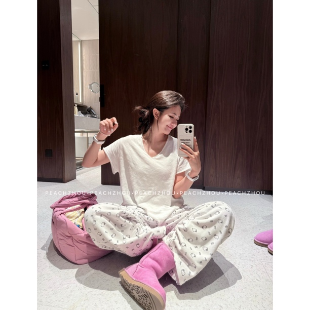 PEACHZHOU 竹节棉磨毛卷边散口松弛宽松打底V领短袖休闲内搭T恤女