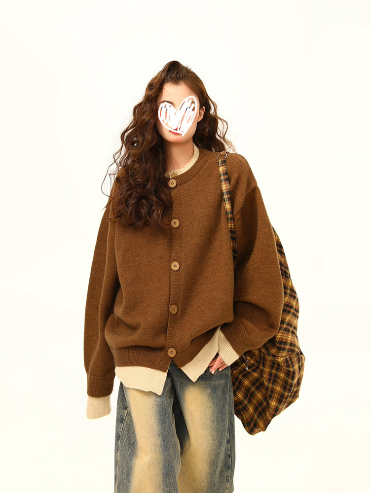 复古美拉德假两件宽松针织毛衣秋冬慵懒风外套开衫上衣